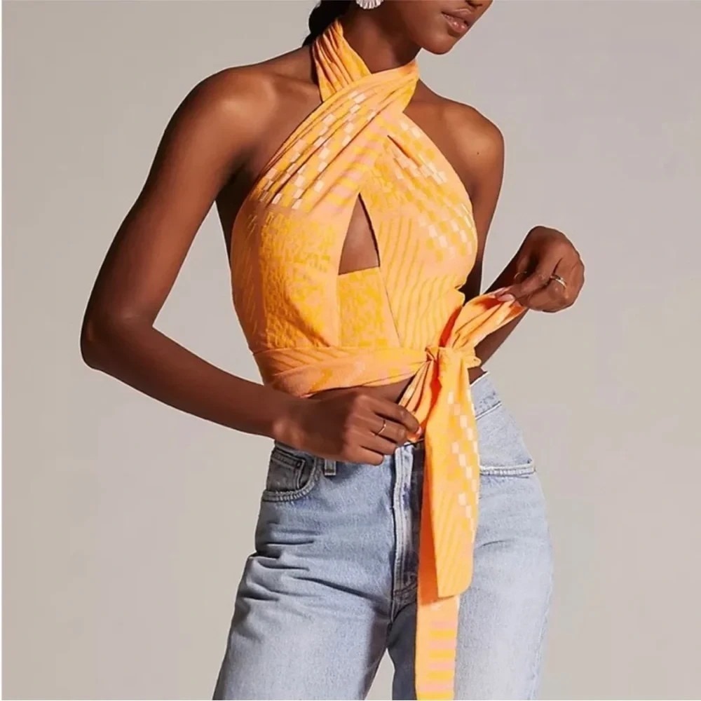 Eva Franco x Anthropologie Citrus Yellow Knit Summer Wrap Halter Top Size Large